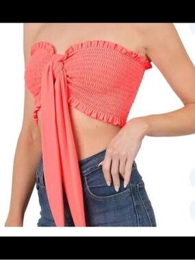 Zenana Outfitters Coral Strapless Smocked Tie-Front Crop Top
